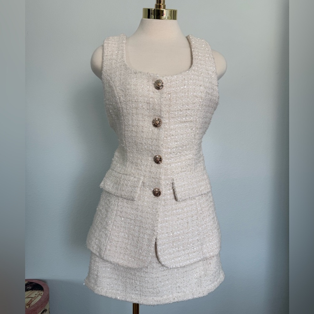 Cream Tweed romper with Gold Buttons